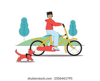 Hombre que monta en bicicleta en el parque con el perro Pequeño de la mascota que corre, que juega junto. Diseño de personajes. Ilustración plana de Vector