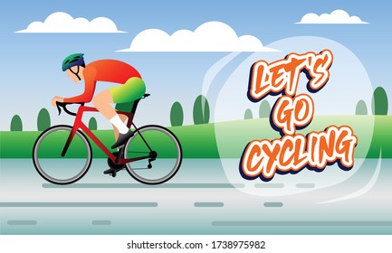 A man Cycling a road bike on a road, background of sky and field Which has a copy space. Cyclist vector  