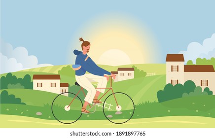 Man cycling in summer nature landscape vector illustration. Cartoon young active male character riding bicycle near small town village. Summertime fun ride activity background