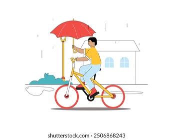 Man is cycling while holding umbrella because of rain, green energy transportation. Character design. Vector flat illustration