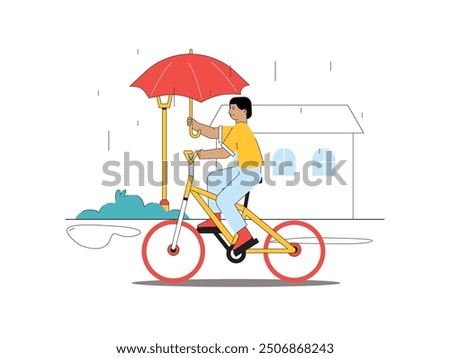 Man is cycling while holding umbrella because of rain, green energy transportation. Character design. Vector flat illustration