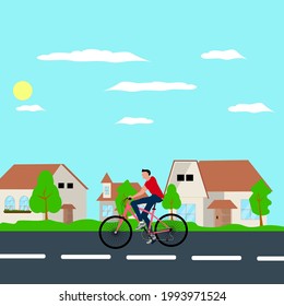 a man cycling while on vacation in the street with houses flat design illustration