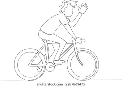 A man is cycling while waving. World bicycle day one-line drawing