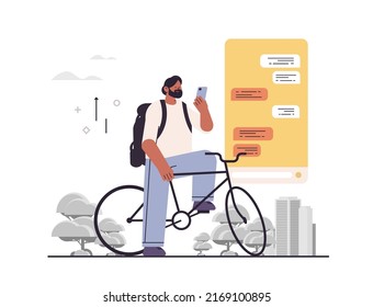 man cyclist chatting on digital screen guy using chat app on smartphone social media network online communication