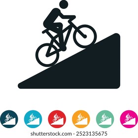 Hombre ciclista ciclista de montaña montando cuesta arriba Icono - Ilustración