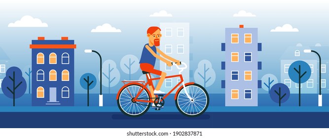 Man cyclist on the cityscape background. Hipster on a bike. Vector cartoon illustration.