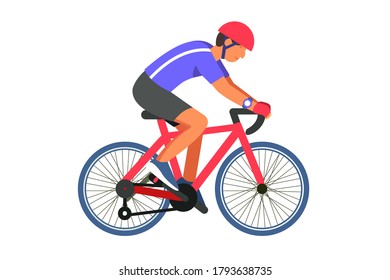Mann Radfahrer auf der Straße, Vektorgrafik. Person in Schutzhelm und komfortable Sportbekleidung flach Stil. Geh mit dem Fahrrad. Aktiver Lifestyle und sportliches Hobby-Konzept. Einzeln auf weißem Hintergrund