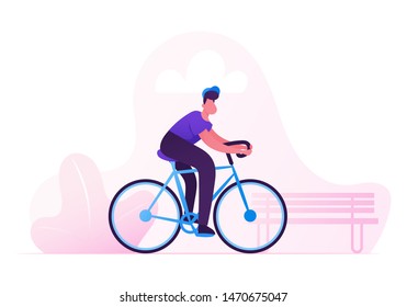 Man Cyclist Riding Bike Outdoors in Summer Day on City Park Background. Bicycle Active Sport Life and Healthy Lifestyle Activity, Ecology Transport in Town, Bike Rider Cartoon Flat Vector Illustration