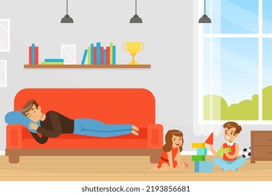 Personaje de hombre padre durmiendo en un sofá con niños jugando bloques de juguetes en la ilustración del vector del piso