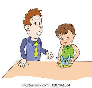 Man dad father giving pacifier gift to his Little boy kid child happy getting it