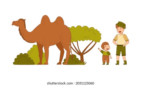 Man Dad with His Son as Traveler on Safari Tour Watching Camel Vector Illustration