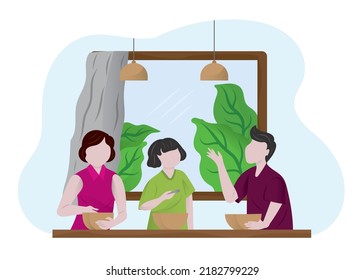 Man dad woman mom children kids son daughter eating breakfast dinner lunch together. vector flat