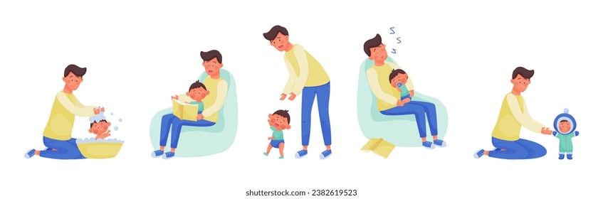 Man Daddy Caring for His Little Son Boy Vector Set
