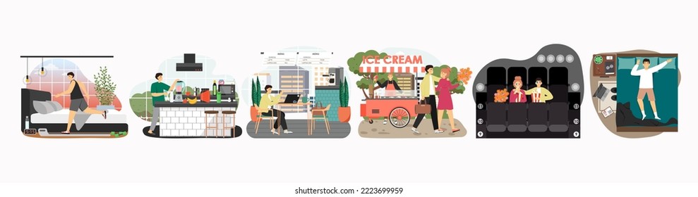 Man Daily Life Vector, Home Life, Rest And Work