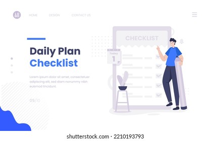 Un hombre con ilustración de lista de comprobación de plan diario en plantilla de banner web