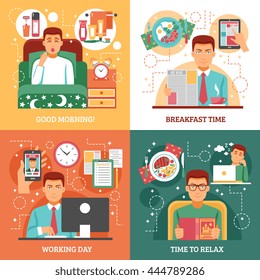Man daily routine design concept four icon set that describe how a person spends his day vector illustration