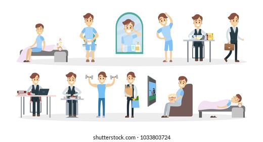Man daily routine. Everyday schedule with illustration.