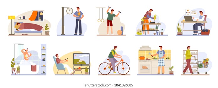 Man Daily Routine Icons Set Day Work And Rest Life Schedule Isolated Vector Illustration. Sleep, Morning, Work And Meal, Sport And Leisure. Businessman Everyday Lifestyle, Routine During Day Time.