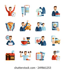 Man Daily Routine Icons Set Day Work And Rest Life Schedule Isolated Vector Illustration