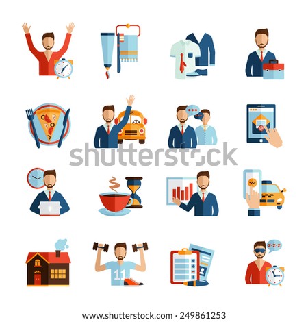 Man daily routine icons set day work and rest life schedule isolated vector illustration