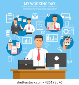 Man daily routine poster with descriptions what businessman doing every day from morning till evening vector illustration
