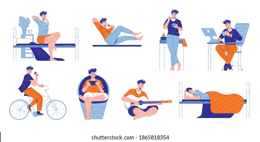 Man daily routine set of isolated icons with male human characters during working and leisure activities vector illustration