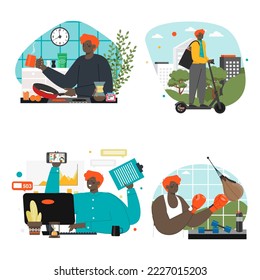 Vida diaria del vector y escena laboral del hombre