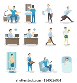 Man daily routine. Waking up, having breakfast, taking shower, going to the work and other activities. Busy man lifestyle. Isolated vector illustration in cartoon style