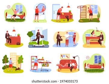 Man daily routine. Waking up, working at office, shopping, having dinner, relaxing, going to bed. Businessman everyday life vector set. Male character feeding dog, having coffee break