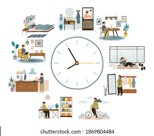 Man daily schedule. Lifestyle activities temporal distribution, guy life day, round clock planning time different everyday situations, relax and work, walking and sport vector cartoon isolated concept