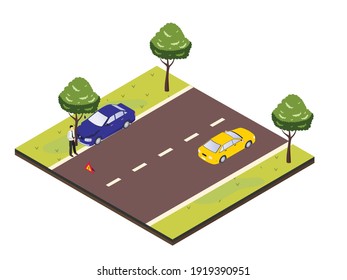 Man with damaged car after hitting a tree on the roadside after car accident