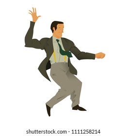 Man dance lindy hop. Stylish retro man in grey trousers and jacket,  green tie and yellow braces. Expressive dancer for poster, flyer for studio of social dances. Vector illustration in flat style.