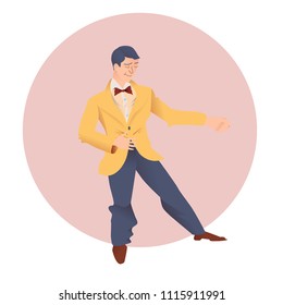 Man dance lindy hop. Stylish retro man in blue  trousers and yellow jacket. Expressive dancer for poster, flyer for studio of social dances. Flat style. Vector illustration. 