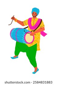 Man dance traditional dance at the Indian ethnic Festival moving rhythmically to oriental music. Bright flat illustration on white background. For stickers, banners, cards