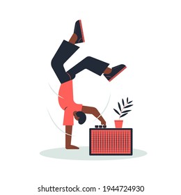 A man danced to the music from the radio. The radio receives electromagnetic waves and converts it into a sound signal for the human ear to be able to hear. vector illustration flat design