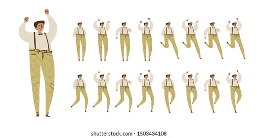 Man dances. Big set of characters in various positions. Happy man in pants with suspenders in Scandinavian style stays, dances, walks, jumps. Vector illustration EPS10 isolated on white