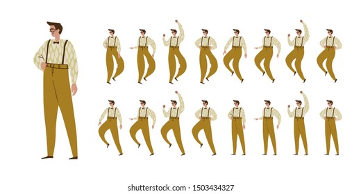 Man dances. Big set of characters in various positions. Happy man in pants with suspenders in Scandinavian style stays, dances, walks, jumps. Vector illustration EPS10 isolated on white