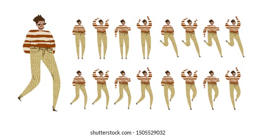 Man dances. Big set of characters in various positions. Happy man with beard, glasses in striped sweater in Scandinavian style stays, dances, walks, jumps. Vector illustration EPS10 isolated on white