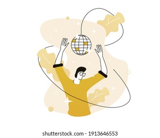 Un hombre baila en una discoteca. Gran bola disco. Fiesta nocturna. Ilustración vectorial con idea de comunicación web para teletrabajo, trabajo a distancia, medios sociales
