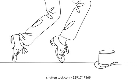A man dances tap dance in special shoes  A top hat lies the floor nearby  International Tap Dance Day  One line drawing for different uses  Vector illustration 