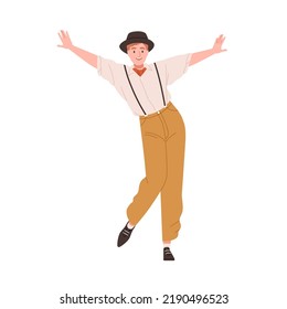 Hombre bailando en la fiesta de Broadway de los años 20. La bailarina de Nueva York de los 20 años 20 en Estados Unidos. Joven vestido de moda retro, suspensores y sombrero. Ilustración vectorial plana aislada en fondo blanco