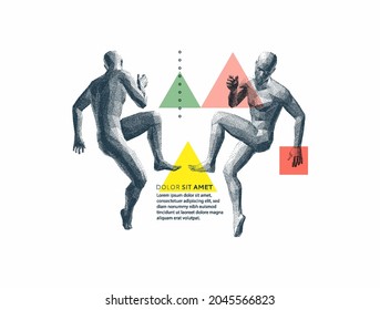 Man is dancing. 3d model of man. Dance party invitation. Music event flyer or banner. Vector illustration composed of particles.