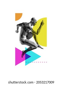Man is dancing. 3d model of man. Dance party invitation. Music event flyer or banner. Vector illustration composed of particles.