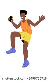 Man dancing in 80s Style Clothing with phone in hand. Colourful vector flat illustration. ideal for designs related to music, retro themes, dance, and nostalgia.