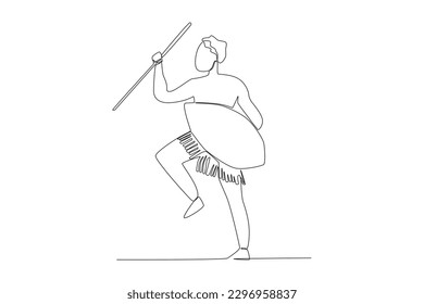 A man is dancing an African tribal dance. Africa tribe one-line drawing