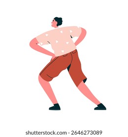 Man dancing from behind, back view. Joyful young male character with hands on hips, dynamic pose, funny movement. Smiling excited laughing person. Flat vector illustration isolated on white background