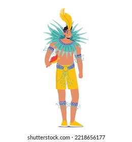 Man Dancing at Carnival in Rio De Janeiro. Brazilian Samba Dancer Wearing Festival Costume with Multicolored Feathers, King of Carnival Isolated on White Background. Cartoon Vector Illustration