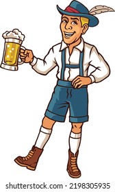 Man Dancing and Carrying Glass of Beer Wearing Traditional German Costume Celebrating Oktoberfest