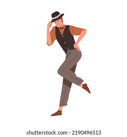 Charleston bailando de hombre en la fiesta de Chicago de los años 20. Bailarina de Broadway de los 20 Estados Unidos. Persona elegante con movimiento de punta de sombrero retro, oscilando hacia el jazz. Ilustración vectorial plana aislada en fondo blanco