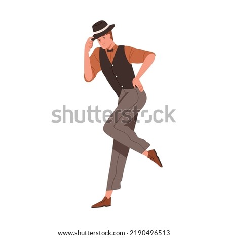 Man dancing charleston at 1920s Chicago party. Broadway dancer of 20s America. Elegant person with retro hat tip movement, swinging to jazz. Flat vector illustration isolated on white background